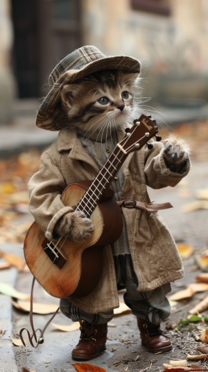 站在大街上的小猫手握吉他身穿帅气衣服