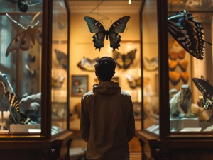 Man in a museum, big vintage bronze amimals, butterfly, panorama, cinematic shot, soft, twilight, filmphotography, Kodak EKTACHROME ar 3:2v 6.0 style raw