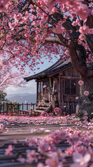 Very beautiful Spring blossoms, a huge peach tree, full of pink peach blossoms. Like the place in the Chinese ancient costume TV series, there is a wooden house under the peach tree, the ground is scattered with a lot of petals, high-definition shooting, fairyland ar 2:3 v 6