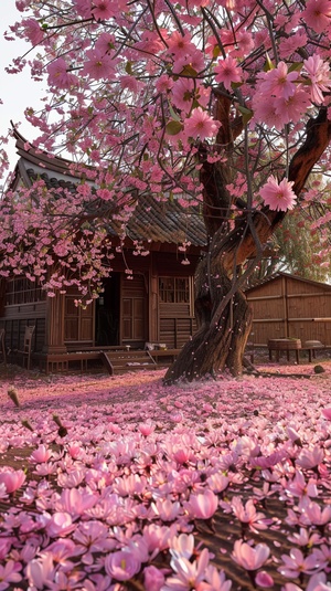 Very beautiful Spring blossoms, a huge peach tree, full of pink peach blossoms. Like the place in the Chinese ancient costume TV series, there is a wooden house under the peach tree, the ground is scattered with a lot of petals, high-definition shooting, fairyland ar 2:3 v 6