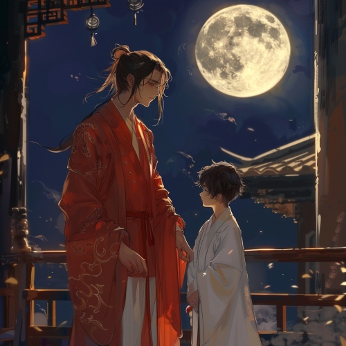 古代阁楼上，一个身穿红袍、长相清秀的男生，与一位身着白袍的小生站立，一起看天上的圆月