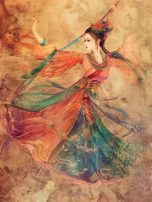 敦煌,神秘色彩,一位美丽舞者手抱琵琶翩翩起舞