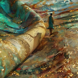 Quicksand made the ground, a huge scroll was placed on the ground, an ancient man stood on the scroll, Chinese wind, shock, macro, gold, green, cyan.