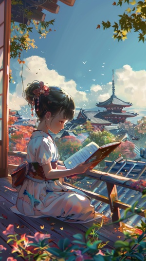 一个可爱的小女孩在阳台上看书，美丽，漂亮，动漫写实风格