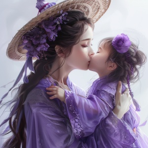 一位美丽的女人穿着紫色的薄纱裙子和草帽,以一种类似vray描边的风格亲吻她的女婴。这幅画面充满了童真和迷人的角色插画,就像在儿童书籍插画中看到的那样。女人和孩子都穿着时尚的衣服,母亲穿的是一件有着复杂细节的瀑布式长袍。背景颜色应该是浅灰色,以突出他们的色彩。这个场景是用Canon EOS R5相机搭配EF镜头在80毫米焦距下拍摄的,光线柔和,色调温暖。