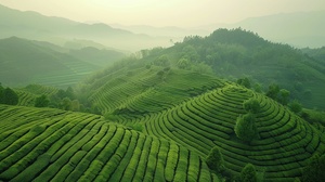 茶山，绿油油的茶叶，层层叠叠的，天气晴朗，超高清，空中俯拍