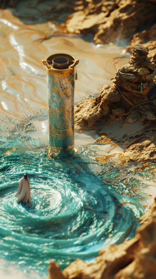 Quicksand made the ground, a huge scroll was placed on the ground, an ancient man stood on the scroll, Chinese wind, shock, macro, gold, green, cyan.