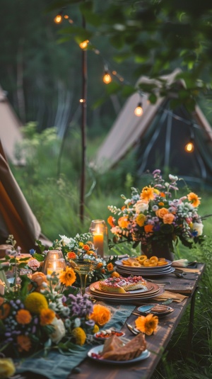 户外露营草地，鲜花盛开，草木茂盛，帐篷里餐桌上有精美的食物、餐具和鲜花，帐篷上有露营灯，灯光温馨
