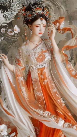 古色古香的china风,穿着唐代风格的服饰,搭配一条白橙飘逸的裙子。一幅精致细节的全身肖像,华丽的头饰,和五颜六色的宝石上。一条china龙在她身后飞舞,精致的面部特征捕捉到适合手机壁纸的高清摄影照片。