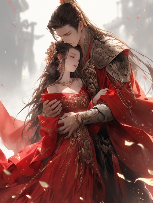 一男一女，女的被男抱在怀里，穿着中国古代的红色的婚服，男的将女人抱在怀里，穿着古代将军的铠甲，男人眼神中是对女的温柔，女的身份是公主很漂亮
