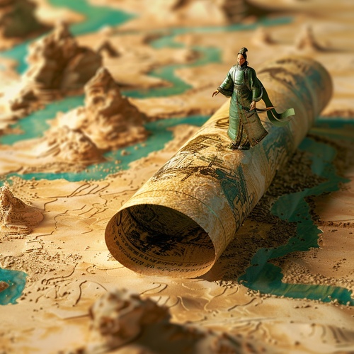 Quicksand made the ground, a huge scroll was placed on the ground, an ancient man stood on the scroll, Chinese wind, shock, macro, gold, green, cyan.