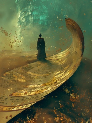 Quicksand made the ground, a huge scroll was placed on the ground, an ancient man stood on the scroll, Chinese wind, shock, macro, gold, green, cyan.