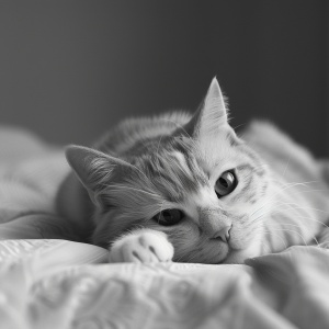 一个非常可爱的猫咪趴在床上，表情忧伤，黑白色背景，c4d，极简主义，最好的质量- 3:4 - v6