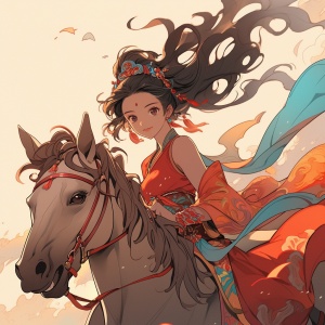 一个漂亮的美女，骑着快马，手拿着流云鞭，紧致的五官，姣好的面容，穿着浅色汉服，棕色的长发，古代女子发饰，戴着精美发簪，骑马，古代街道，中国古风风格，