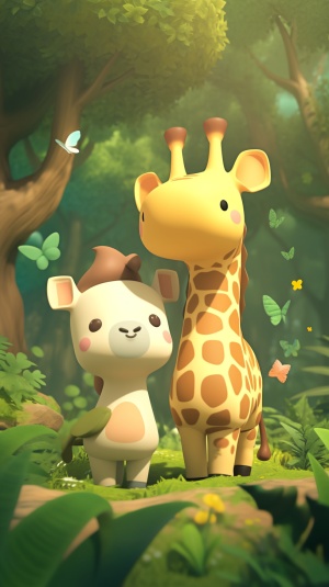 A cute giraffe and a cute zebra stand in the dense forest. Their expressions are gentle, the background is soft, and the lighting is warm. They are rendered using 3D clay icons with soft colors. s 750 ar 3:4 v 6.0