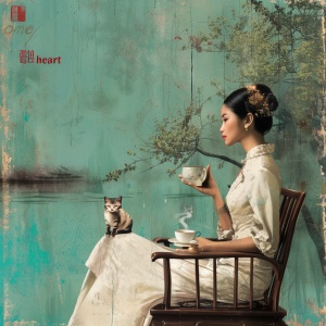 在碧绿的湖面上，有一位优雅的女士坐在木躺椅上，一边喝茶，一边喝下午茶，手着一只猫，上面写着“一心”，这是中国书法的风格，是中国山水画的风格，绿色的背景，类似于高清晰度的摄影风格