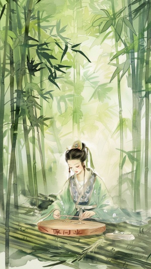 水彩风格，卡通风格，大块的颜色，一个中国古代妇女在竹林里弹古琴，颜色浅，技术差，