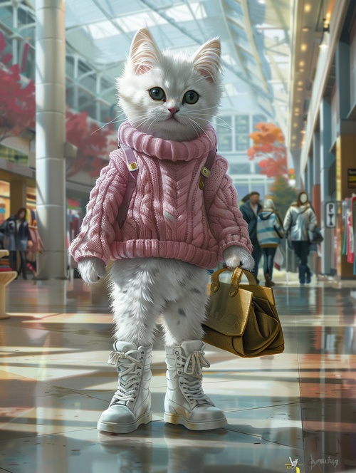 modern organic,Front view,Full Length Shot(FLS),Cold light,A white kitten, anthropomorphized, dressed in a pink sweater and white boots, with a bag slung over its arm, shopping for clothes in a mall.