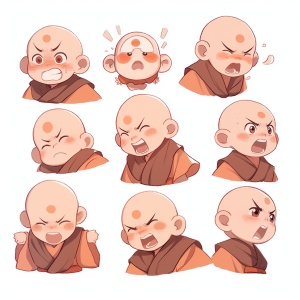 A cute little monk， face close-up,expression close-up, full body A little monk expressions and movements,exaggerated movements, happy,angry, sad,Surprised, happy,etc., Variouis emotions, white background, g version,Sticker art design, ultra-high