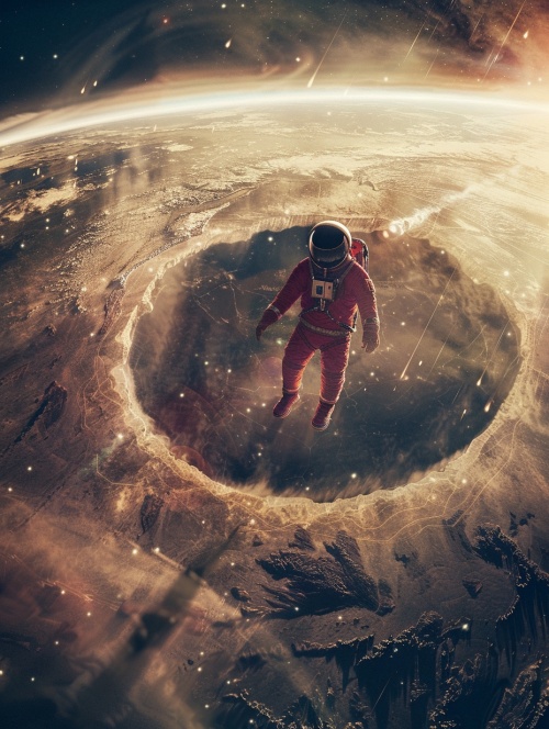 一个穿着红色宇航服的宇航员，飘在太空中的背影，俯瞰下面干涸的地球，地球大气层外被一圈巨大的冰做成的环形环绕，冰环反射着太阳光，瑰丽耀眼震撼，超现实主义摄影，史诗级科幻电影海报，转瞬即逝的画面