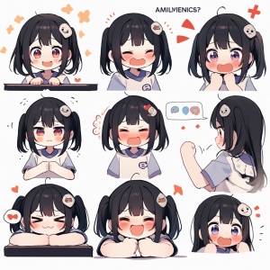 a cute little girl with black hair , happy face , wearing a t - shirt , emoticon bag ,9 emoticons , emoticon Symbol table , multiple postures and expressions , anthropomorphic style , different emotions , multiple poss and expressions ,8k ar 3:4 s 750- niji 5