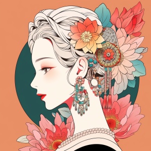一个东方美女，戴着美丽的珠宝，中国古典主义人物，传统的中国元素发饰和耳环。一朵康乃馨花在左下角，背景留白，极简设计，姿态优美，多彩的迷幻漫画风格，现代、优雅、时尙、精致。-ar3:4 niji 6