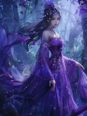中国古代风格 一个美女在深林里化成了妖王 身穿紫色仙女裙