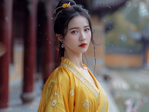 中国古代风格，一个美丽的女人，黑色披肩头发，穿着鹅黄色的汉服，看着镜头，深宫别院，背景虚化