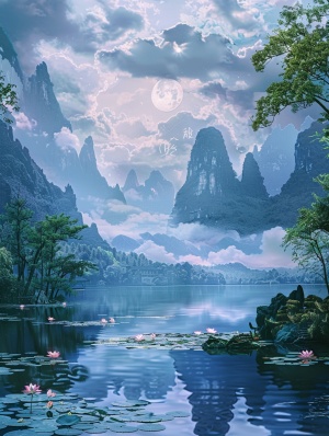 中国山水画，荷花，平静的湖面，湖边的大树，湖对面远处高耸的山峰，云雾缭绕，月亮，超高清图片