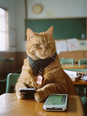 一只憨态可掬的可爱橘猫，坐在课桌上用手机玩游戏，脖子上挂着的玉佩，穿着学校校服，专业摄影师的镜头，柯达(Kodak)，Portra 800胶片，摄影师丹·温特斯，摄影技艺的巅峰,电影摄影风格，背景是学校课堂，75mm焦段，大师级摄影,国家地理,景深,电影摄影风格