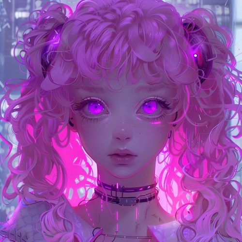 粉色卷长发，紫色眼睛的可爱小女孩头像，赛博朋克风格