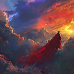 天空七彩祥云的英雄，红色披风飘扬着，在晚霞余晖中过来