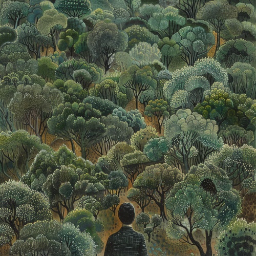 8k uhd a man is looking over the tree lines and forests, in the style of yuko shimizu, detailed foliage, green, emily kame kngwarreye, mark catesby, trompe-l'oeil illusionistic detail, spiky mounds ar 3:4 S 750 V 5.1