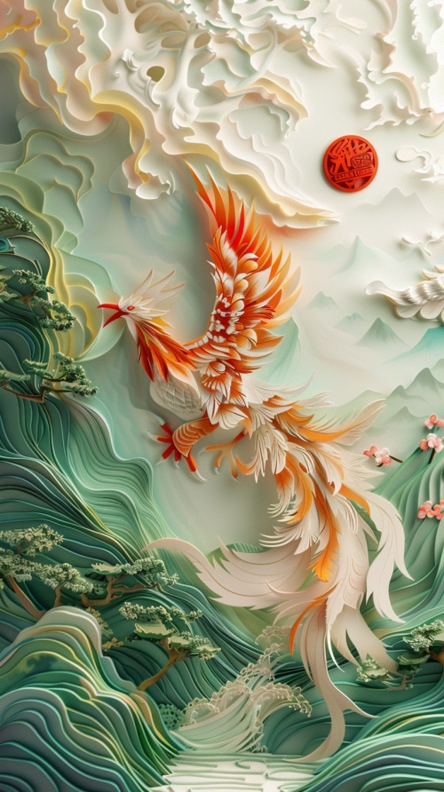 中国传说神话凤凰东方风景画多维剪纸艺术3D立体超广角梦幻的