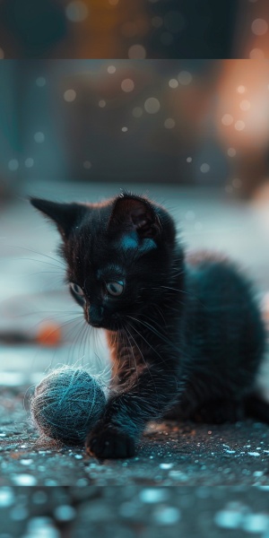 一只在玩毛线球的小黑猫