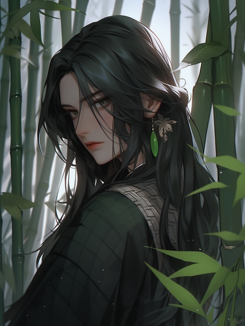 竹林，一个穿着黑色旗袍印有绿色竹子的女子，特写脸部，又美又飒，黑色长发