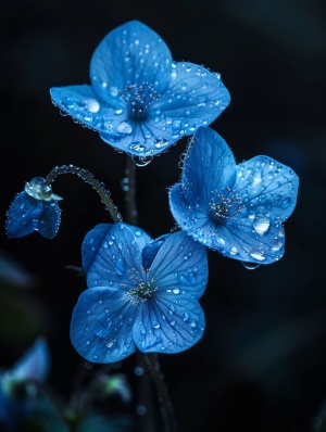 Small blue flowers, translucent petals, sparkling crystal like dewdrops, dark background, high definition photography, macro lens, natural light, static composition, delicate texture, and mysterious atmosphere.,,in