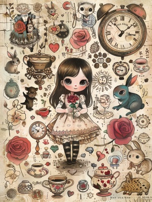 一页可爱的贴纸，主题是《爱丽丝梦游仙境》以及《梦想家》系列中的角色，上面有一个拿着花的女孩，周围环绕着其他卡通元素，比如兔子、发条齿轮和茶杯，所有这些都以一位艺术家迷人的手绘风格呈现。