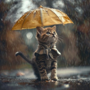小猫穿着小裙子，打着伞，在雨中