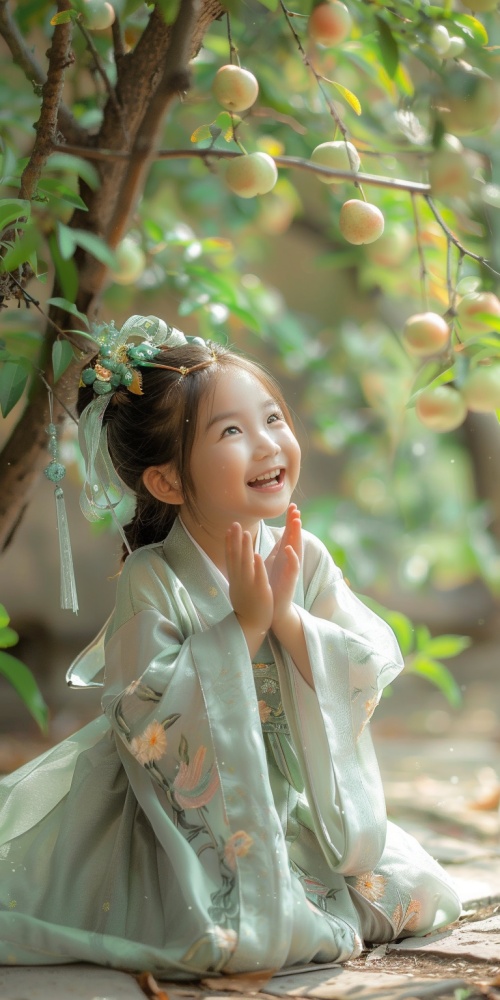 一个可爱的小女孩，笑的很开心，青色汉服，古典精致，全身图，在庭院里开心的玩耍，梨树背景