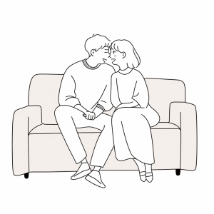 A couple sitting on the sofa in their pajamas , mouth to mouth , four cute poses and expressions , different emotions , multiple poss and expressions , abstract , hand - drawn illustration , minimalist graphic , line art , bold outline , bold strokes , line drawing , minimalism , in the style of wnwnmemo , white background ar 3:4 s 250 niji 5