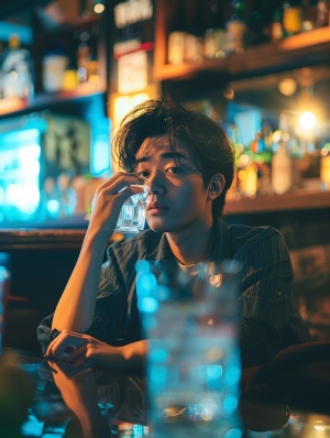 一个青年亚洲男子独自一人在酒吧里喝闷酒，难过的表情。