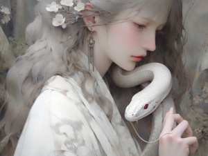 一个古代绝色女人，手上盘着一条白色的小蛇，女人温柔的看着它，高清，大师杰作