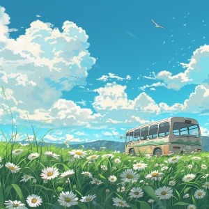 A bus in the distance on green grass, blue sky, in the style of 90s anime style, retro studio style, retro style, cel shading, white daisies, white clouds, birds flying in the background, high resolution, sharp focus, no blur, no noise, masterpiece, full frame,8k. ar 3:4 S 200