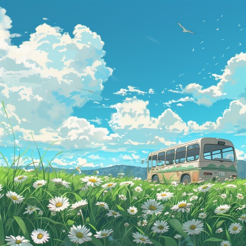 A bus in the distance on green grass, blue sky, in the style of 90s anime style, retro studio style, retro style, cel shading, white daisies, white clouds, birds flying in the background, high resolution, sharp focus, no blur, no noise, masterpiece, full frame,8k. ar 3:4 S 200