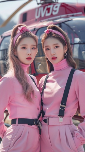 两个可爱的韩国年轻女性身穿粉色套装和黑色皮带,并排站在直升机附近,摆姿势拍照。她们头发上戴着粉色头带,穿着纯色高领衬衫,紧身裤子,以高分辨率拍摄风格进行专业摄影。
