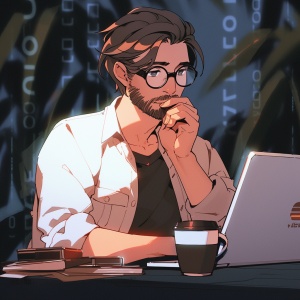 男人，程序员，戴眼镜，斯文，喝咖啡