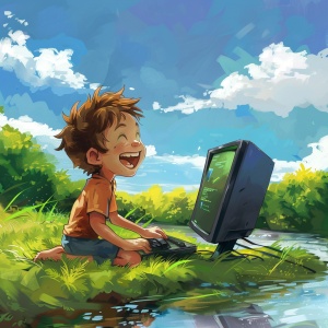 一个男孩在草地上坐在电脑前打游戏脸上的笑容很开心，草地的后面有河流。天上有蓝天白云