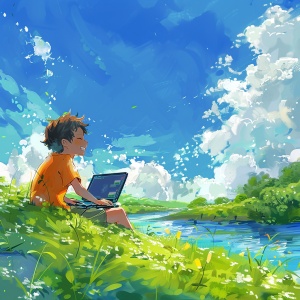 一个男孩在草地上坐在电脑前打游戏脸上的笑容很开心，背景是河流和蓝天白云