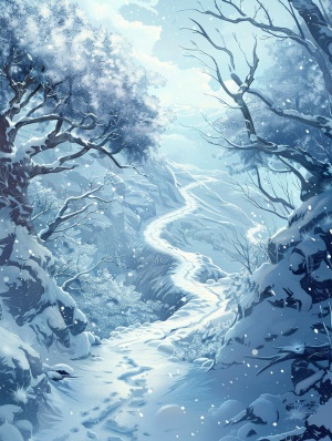 从雪后的山上向下俯瞰，山间小径蜿蜒，被白雪覆盖，两旁的树木上挂满了冰凌，不见行人的踪迹。